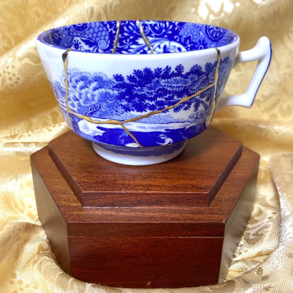 KINTSUGI WABI SABI SPODE GOLD BLUE ITALIAN TEACUP PORCELAIN 2.5" HAND MADE NEW